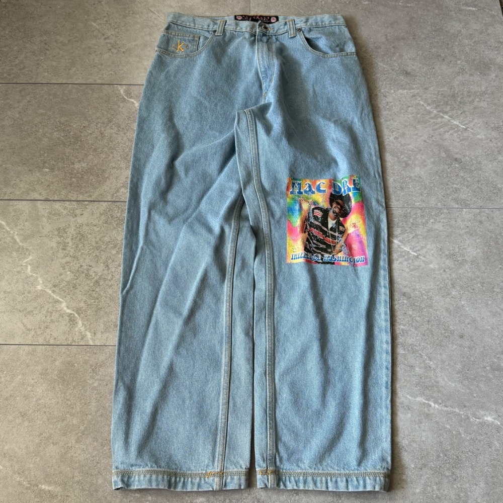 Y2K Mac Dre Graphic Light Wash Knockout Sportswear Baggy Jeans 34x32